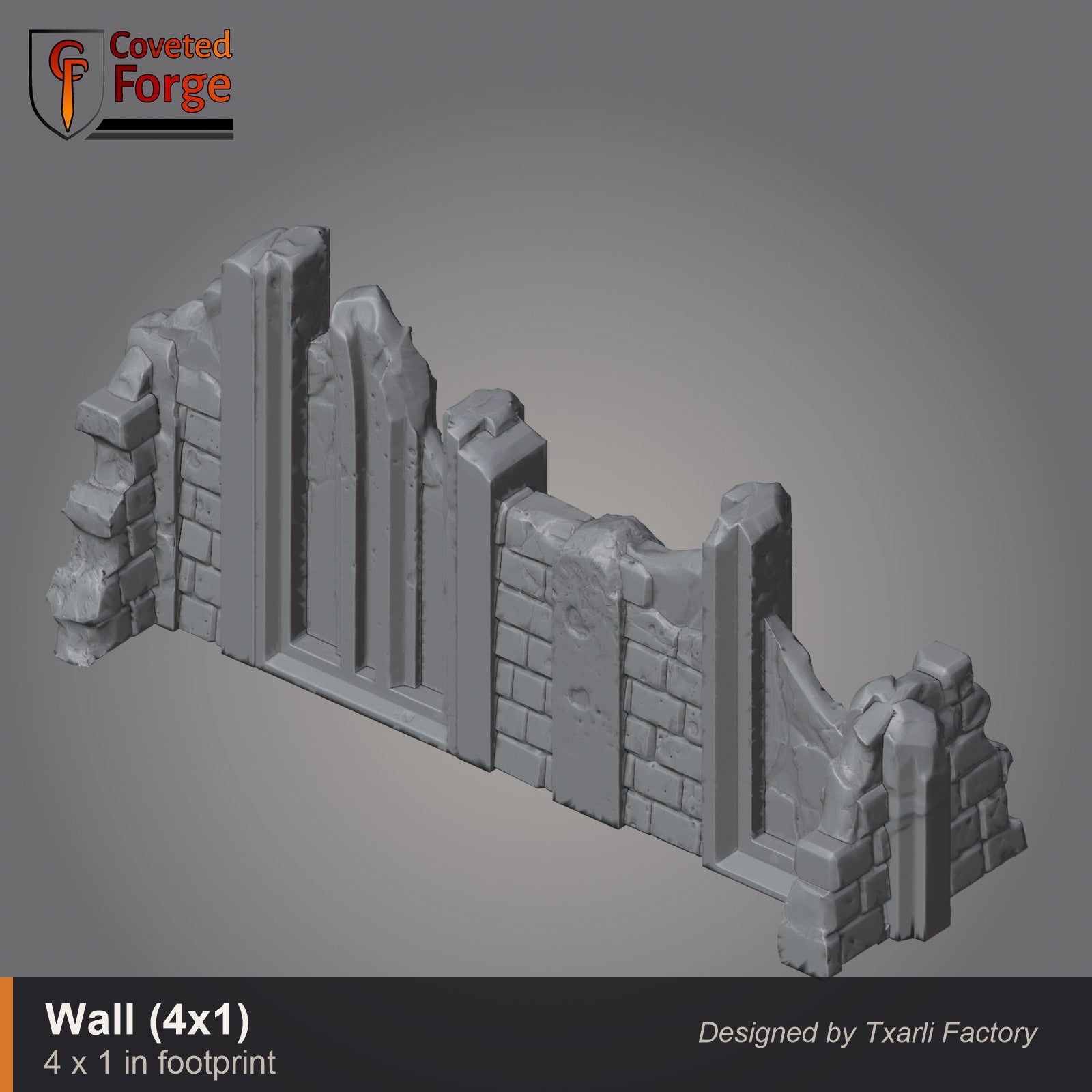Straight gothic wall piece, 4 by 1 inch footprint, CF clay render. 3D printed resin gothic sci-fi wargaming terrain, unpainted, Warhammer 40K Sector Imperialis proxy scenery, designed by Txarli Factory.