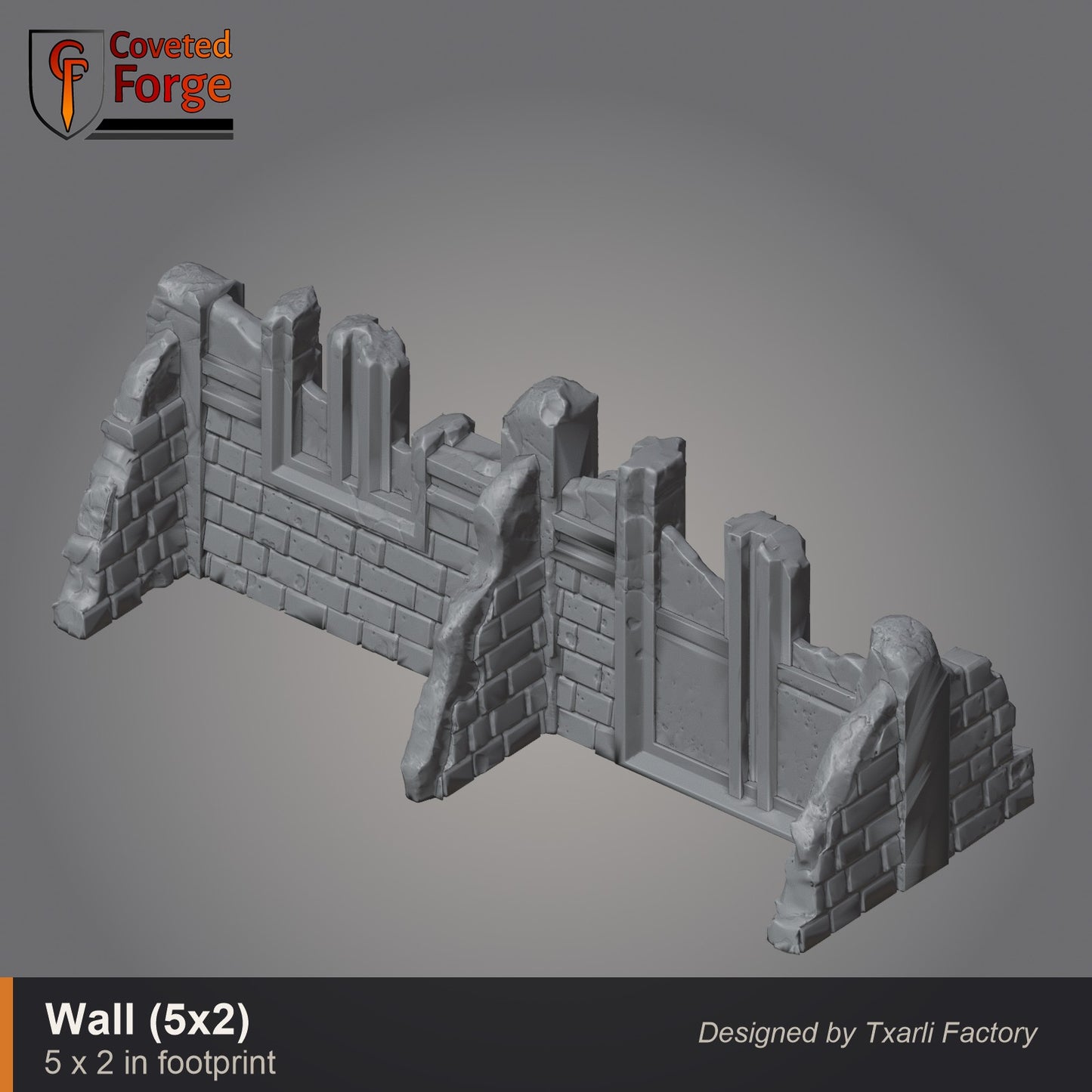 Straight gothic wall piece, 5 by 2 inch footprint, CF clay render. 3D printed resin gothic sci-fi wargaming terrain, unpainted, Warhammer 40K Sector Imperialis proxy scenery, designed by Txarli Factory.