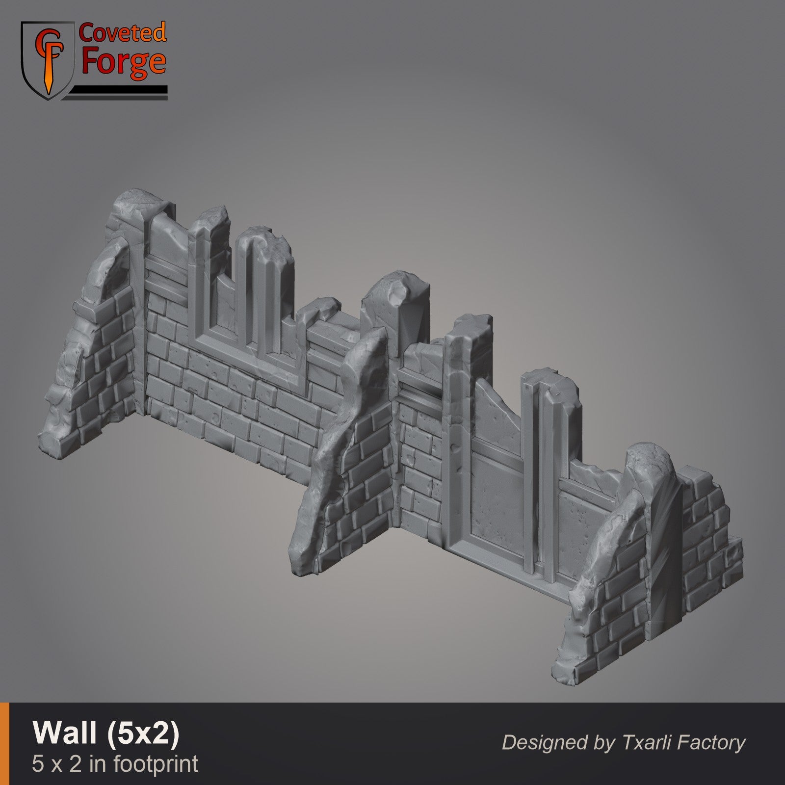 Straight gothic wall piece, 5 by 2 inch footprint, CF clay render. 3D printed resin gothic sci-fi wargaming terrain, unpainted, Warhammer 40K Sector Imperialis proxy scenery, designed by Txarli Factory.