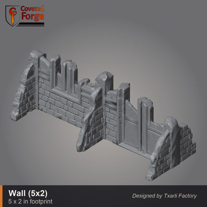 Straight gothic wall piece, 5 by 2 inch footprint, CF clay render. 3D printed resin gothic sci-fi wargaming terrain, unpainted, Warhammer 40K Sector Imperialis proxy scenery, designed by Txarli Factory.