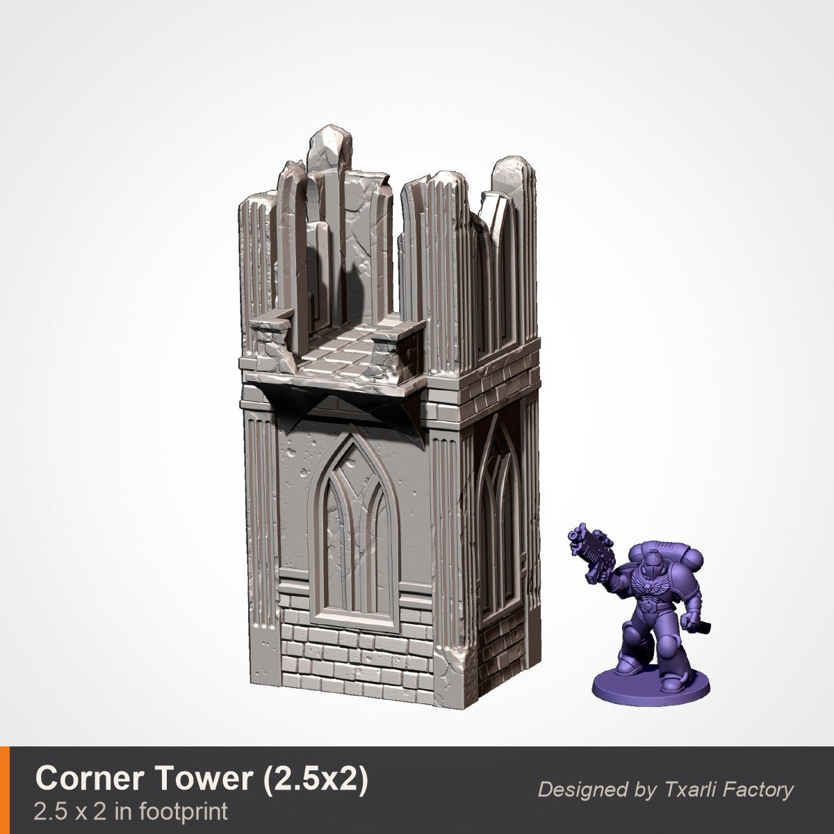 Gothic corner watchtower, 2.5 by 2 inch footprint, a battlemented square tower with lancet windows and a broken balcony top, space marine for scale. 3D printed resin gothic sci-fi wargaming terrain, unpainted, Warhammer 40K Sector Imperialis proxy scenery, designed by Txarli Factory.