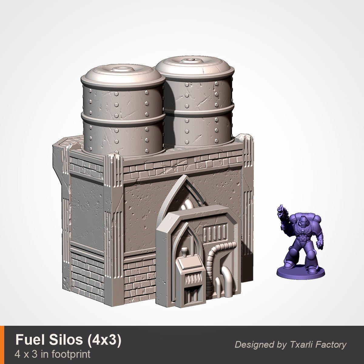 Twin industrial fuel silos terrain piece, 4 by 3 inch footprint, two cylindrical tanks on a gothic bunker base with doorway and pipes, space marine for scale. 3D printed resin gothic sci-fi wargaming terrain, unpainted, Warhammer 40K Sector Imperialis proxy scenery, designed by Txarli Factory.