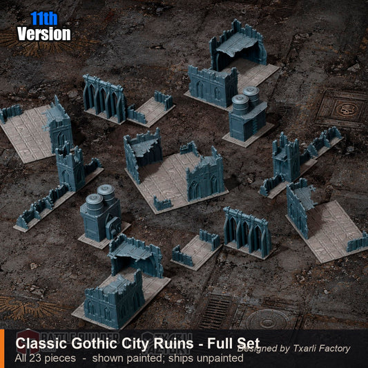 Classic Gothic City Ruins full set of all 23 pieces arranged as a painted tabletop city ruins battlefield with walls, ruined cathedral buildings, corner tower, twin fuel silos and paved ground boards. Shown painted; ships unpainted. 3D printed resin gothic sci-fi wargaming terrain, unpainted, Warhammer 40K Sector Imperialis proxy scenery, designed by Txarli Factory.