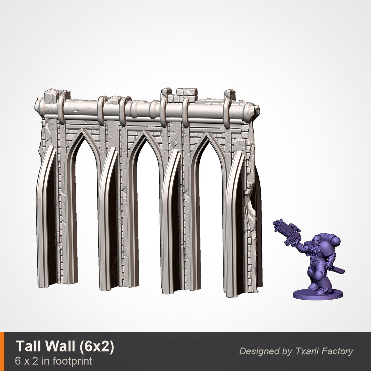 Tall ruined gothic arcade wall with a 6 by 2 inch footprint, a row of pointed cathedral arches under a broken parapet, shown beside a space marine for scale. 3D printed resin gothic sci-fi wargaming terrain, unpainted, Warhammer 40K Sector Imperialis proxy scenery, designed by Txarli Factory.