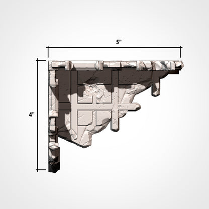 Dimension diagram for a ruined gothic building piece with a 5 by 4 inch footprint. 3D printed resin gothic sci-fi wargaming terrain, unpainted, Warhammer 40K Sector Imperialis proxy scenery, designed by Txarli Factory.