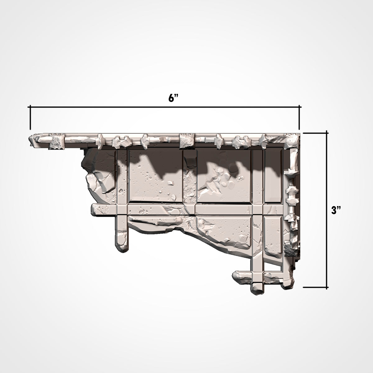 Dimension diagram for a ruined gothic building piece with a 6 by 3 inch footprint. 3D printed resin gothic sci-fi wargaming terrain, unpainted, Warhammer 40K Sector Imperialis proxy scenery, designed by Txarli Factory.