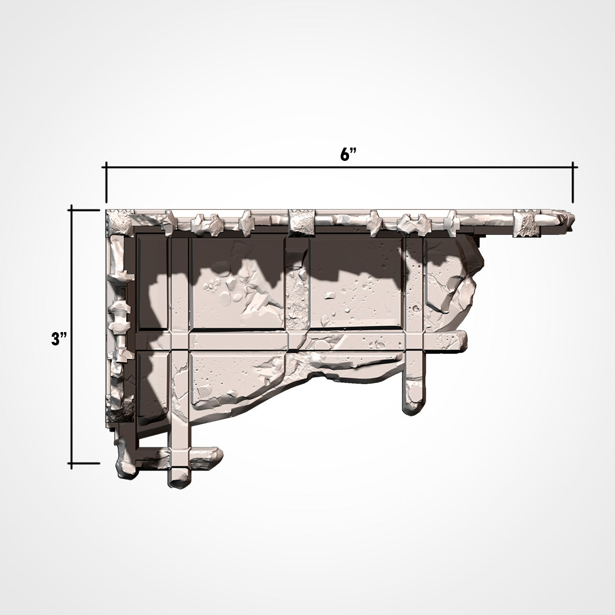 Dimension diagram for a ruined gothic building piece with a 6 by 3 inch footprint. 3D printed resin gothic sci-fi wargaming terrain, unpainted, Warhammer 40K Sector Imperialis proxy scenery, designed by Txarli Factory.