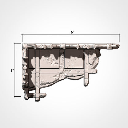 Dimension diagram for a ruined gothic building piece with a 6 by 3 inch footprint. 3D printed resin gothic sci-fi wargaming terrain, unpainted, Warhammer 40K Sector Imperialis proxy scenery, designed by Txarli Factory.