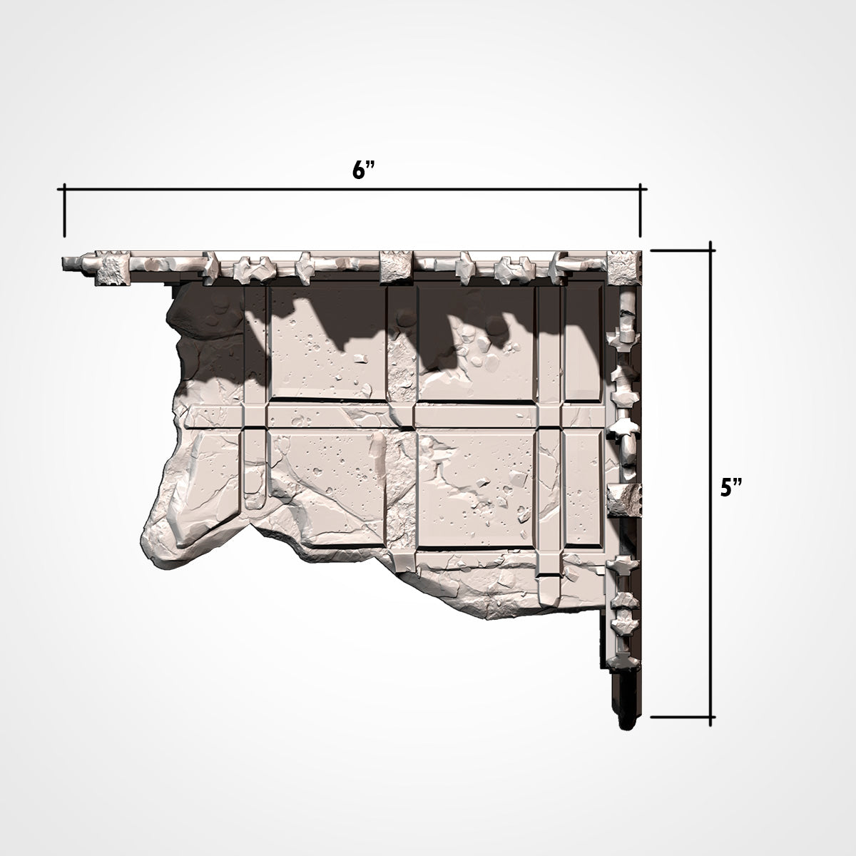 Dimension diagram for a ruined gothic building piece with a 6 by 5 inch footprint. 3D printed resin gothic sci-fi wargaming terrain, unpainted, Warhammer 40K Sector Imperialis proxy scenery, designed by Txarli Factory.