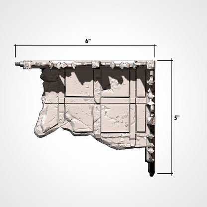 Dimension diagram for a ruined gothic building piece with a 6 by 5 inch footprint. 3D printed resin gothic sci-fi wargaming terrain, unpainted, Warhammer 40K Sector Imperialis proxy scenery, designed by Txarli Factory.