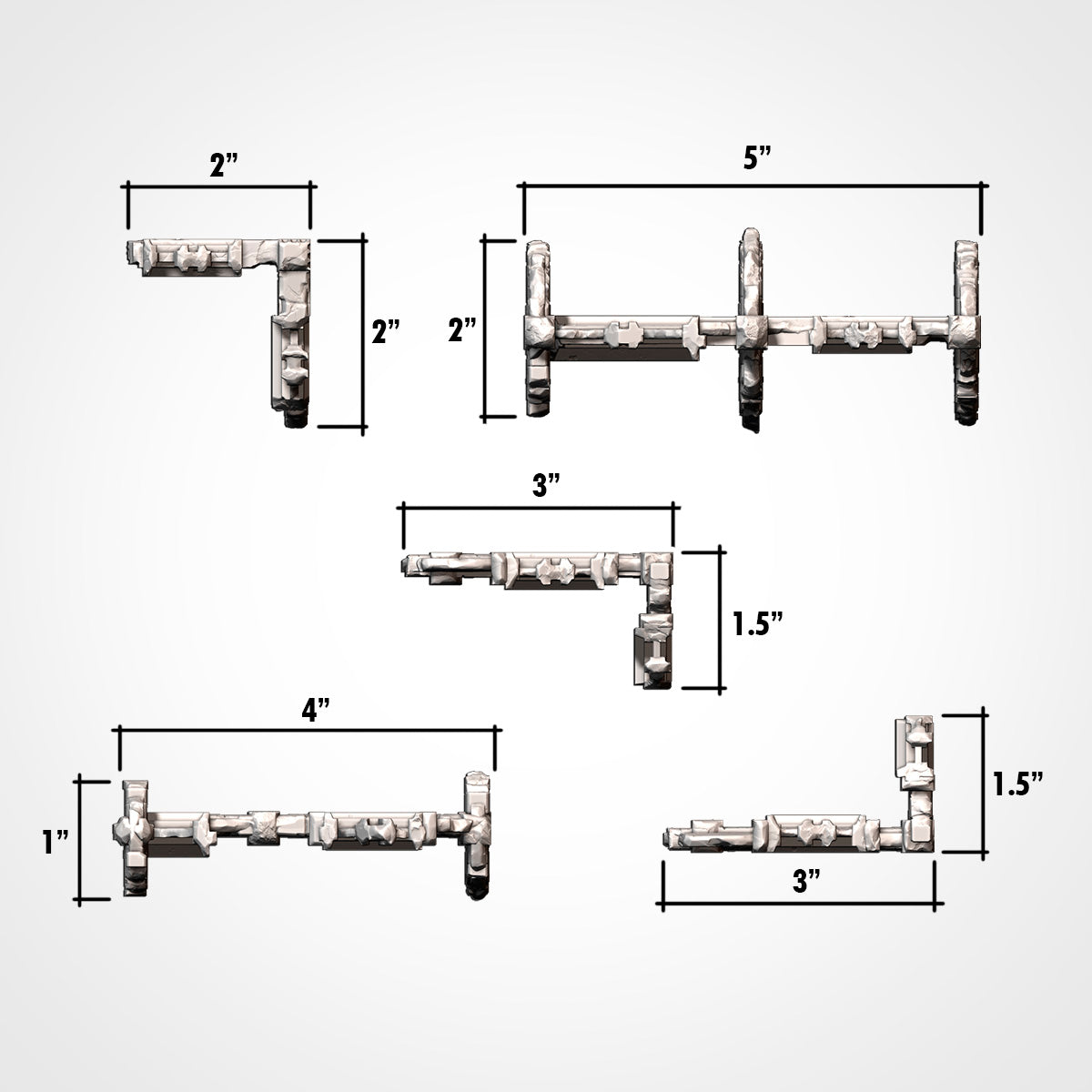 Dimension diagram for the straight gothic wall pieces, showing 2x2, 5x2, 3x1.5, 4x1 and 3x1.5 inch footprints. 3D printed resin gothic sci-fi wargaming terrain, unpainted, Warhammer 40K Sector Imperialis proxy scenery, designed by Txarli Factory.