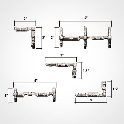 Dimension diagram for the straight gothic wall pieces, showing 2x2, 5x2, 3x1.5, 4x1 and 3x1.5 inch footprints. 3D printed resin gothic sci-fi wargaming terrain, unpainted, Warhammer 40K Sector Imperialis proxy scenery, designed by Txarli Factory.