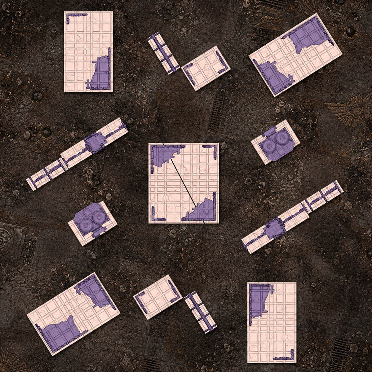 Top-down parts overview showing every piece in the Classic Gothic City Ruins set laid out on paved boards. 3D printed resin gothic sci-fi wargaming terrain, unpainted, Warhammer 40K Sector Imperialis proxy scenery, designed by Txarli Factory.