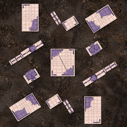 Top-down parts overview showing every piece in the Classic Gothic City Ruins set laid out on paved boards. 3D printed resin gothic sci-fi wargaming terrain, unpainted, Warhammer 40K Sector Imperialis proxy scenery, designed by Txarli Factory.
