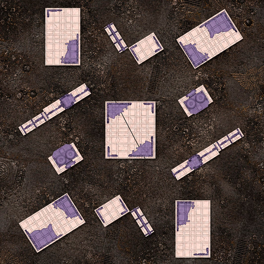 Top-down parts overview showing every piece in the Classic Gothic City Ruins set laid out on paved boards. 3D printed resin gothic sci-fi wargaming terrain, unpainted, Warhammer 40K Sector Imperialis proxy scenery, designed by Txarli Factory.
