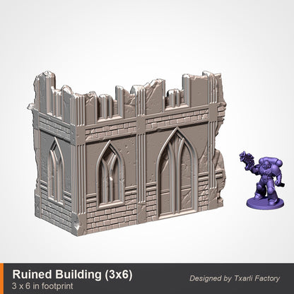 Ruined gothic cathedral building, 3 by 6 inch footprint, tall standing walls with lancet windows and a broken crenellated top, shown beside a space marine for scale. Walls and a removable floor deck print together as one two-part building. 3D printed resin gothic sci-fi wargaming terrain, unpainted, Warhammer 40K Sector Imperialis proxy scenery, designed by Txarli Factory.