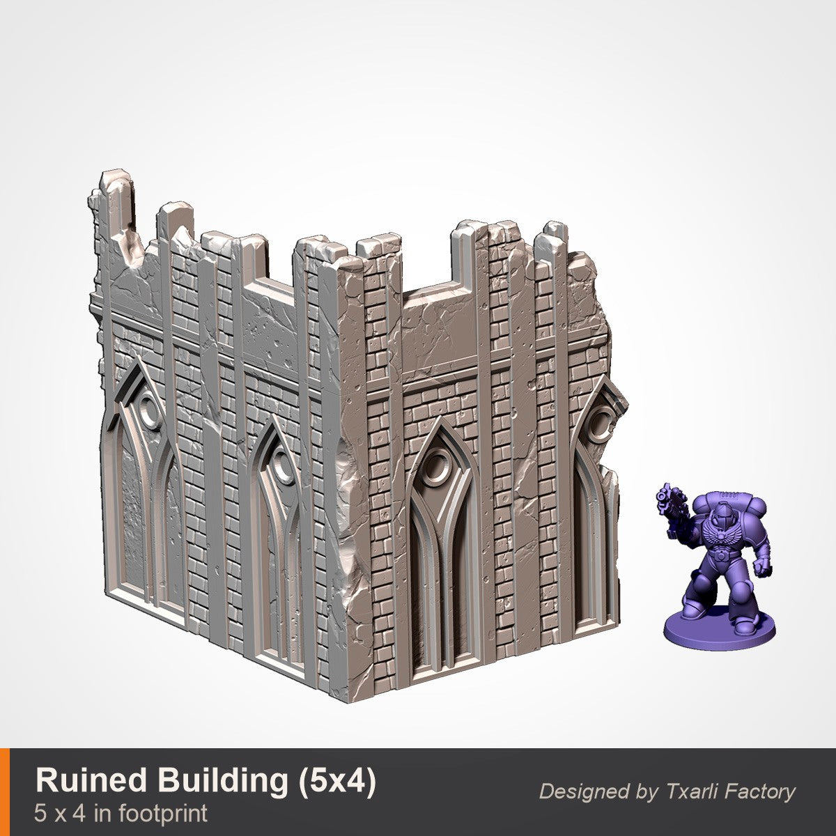 Ruined gothic building corner, 5 by 4 inch footprint, two tall arched-window walls meeting at a corner, shown beside a space marine for scale. Walls and a removable floor deck print together as one two-part building. 3D printed resin gothic sci-fi wargaming terrain, unpainted, Warhammer 40K Sector Imperialis proxy scenery, designed by Txarli Factory.