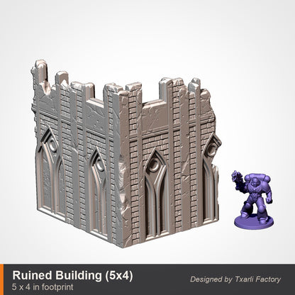 Ruined gothic building corner, 5 by 4 inch footprint, two tall arched-window walls meeting at a corner, shown beside a space marine for scale. Walls and a removable floor deck print together as one two-part building. 3D printed resin gothic sci-fi wargaming terrain, unpainted, Warhammer 40K Sector Imperialis proxy scenery, designed by Txarli Factory.