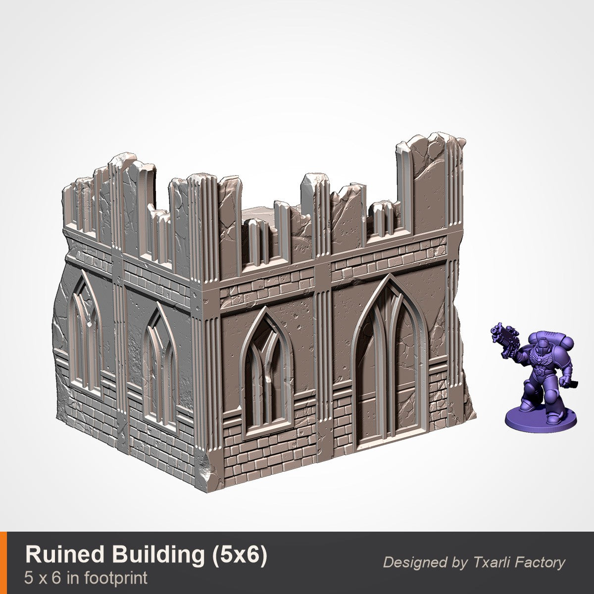 Ruined gothic building, 5 by 6 inch footprint, tall multi-window cathedral facade with a battlemented broken top, shown beside a space marine for scale. Walls and a removable floor deck print together as one two-part building. 3D printed resin gothic sci-fi wargaming terrain, unpainted, Warhammer 40K Sector Imperialis proxy scenery, designed by Txarli Factory.