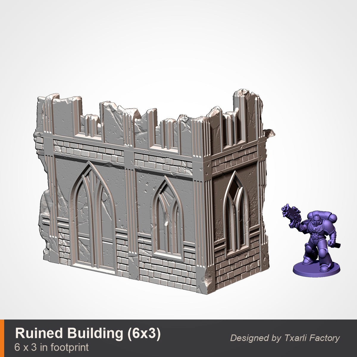 Ruined gothic building section, 6 by 3 inch footprint, long two-window cathedral wall run with a broken parapet, shown beside a space marine for scale. Walls and a removable floor deck print together as one two-part building. 3D printed resin gothic sci-fi wargaming terrain, unpainted, Warhammer 40K Sector Imperialis proxy scenery, designed by Txarli Factory.