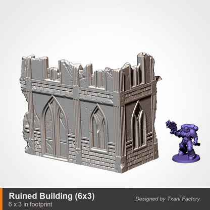 Ruined gothic building section, 6 by 3 inch footprint, long two-window cathedral wall run with a broken parapet, shown beside a space marine for scale. Walls and a removable floor deck print together as one two-part building. 3D printed resin gothic sci-fi wargaming terrain, unpainted, Warhammer 40K Sector Imperialis proxy scenery, designed by Txarli Factory.