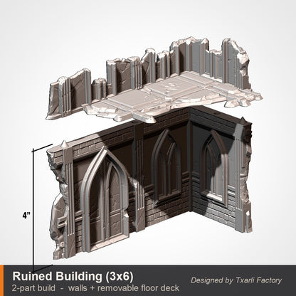 Exploded build view of the 3 by 6 inch ruined gothic building showing its two printed parts, the cathedral walls and a separate removable floor deck that drops in on top. 3D printed resin gothic sci-fi wargaming terrain, unpainted, Warhammer 40K Sector Imperialis proxy scenery, designed by Txarli Factory.