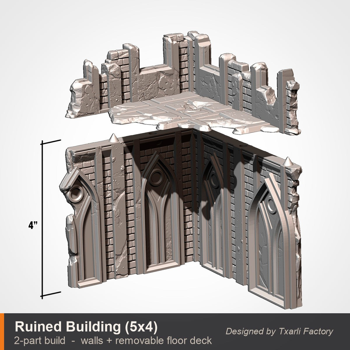 Exploded build view of the 5 by 4 inch ruined gothic corner building showing its two printed parts, the corner walls and a separate removable floor deck that drops in on top. 3D printed resin gothic sci-fi wargaming terrain, unpainted, Warhammer 40K Sector Imperialis proxy scenery, designed by Txarli Factory.