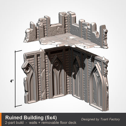 Exploded build view of the 5 by 4 inch ruined gothic corner building showing its two printed parts, the corner walls and a separate removable floor deck that drops in on top. 3D printed resin gothic sci-fi wargaming terrain, unpainted, Warhammer 40K Sector Imperialis proxy scenery, designed by Txarli Factory.