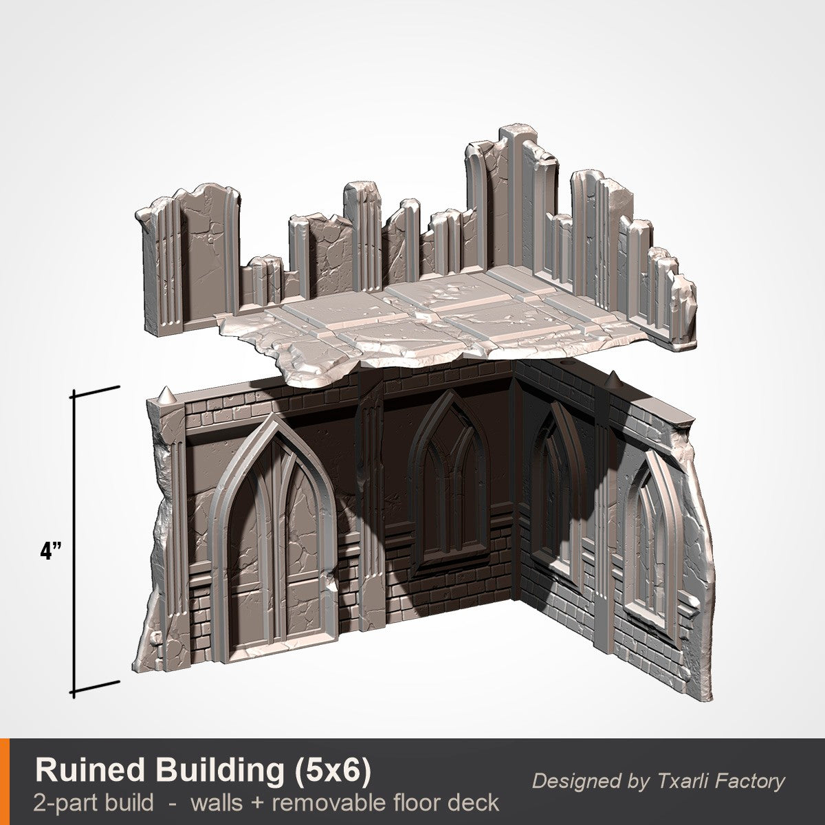 Exploded build view of the 5 by 6 inch ruined gothic building showing its two printed parts, the cathedral walls and a separate removable floor deck that drops in on top. 3D printed resin gothic sci-fi wargaming terrain, unpainted, Warhammer 40K Sector Imperialis proxy scenery, designed by Txarli Factory.