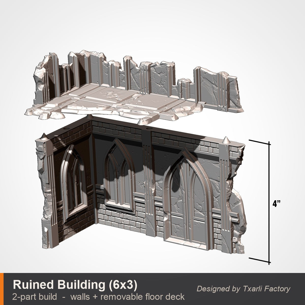 Exploded build view of the 6 by 3 inch ruined gothic building showing its two printed parts, the cathedral walls and a separate removable floor deck that drops in on top. 3D printed resin gothic sci-fi wargaming terrain, unpainted, Warhammer 40K Sector Imperialis proxy scenery, designed by Txarli Factory.