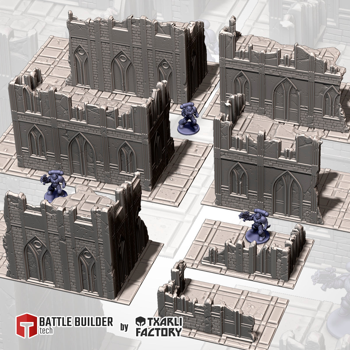 Classic Two-Storey Gothic Ruins full set: two-storey gothic ruins, low walls and footprints beside 32mm figures (Txarli Factory render)
