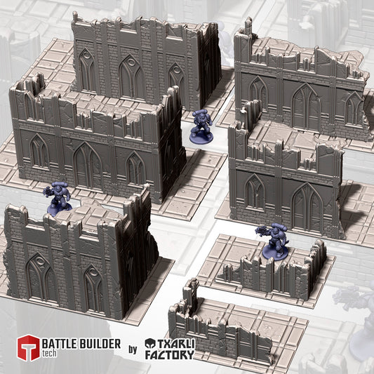 Classic Two-Storey Gothic Ruins full set: two-storey gothic ruins, low walls and footprints beside 32mm figures (Txarli Factory render)