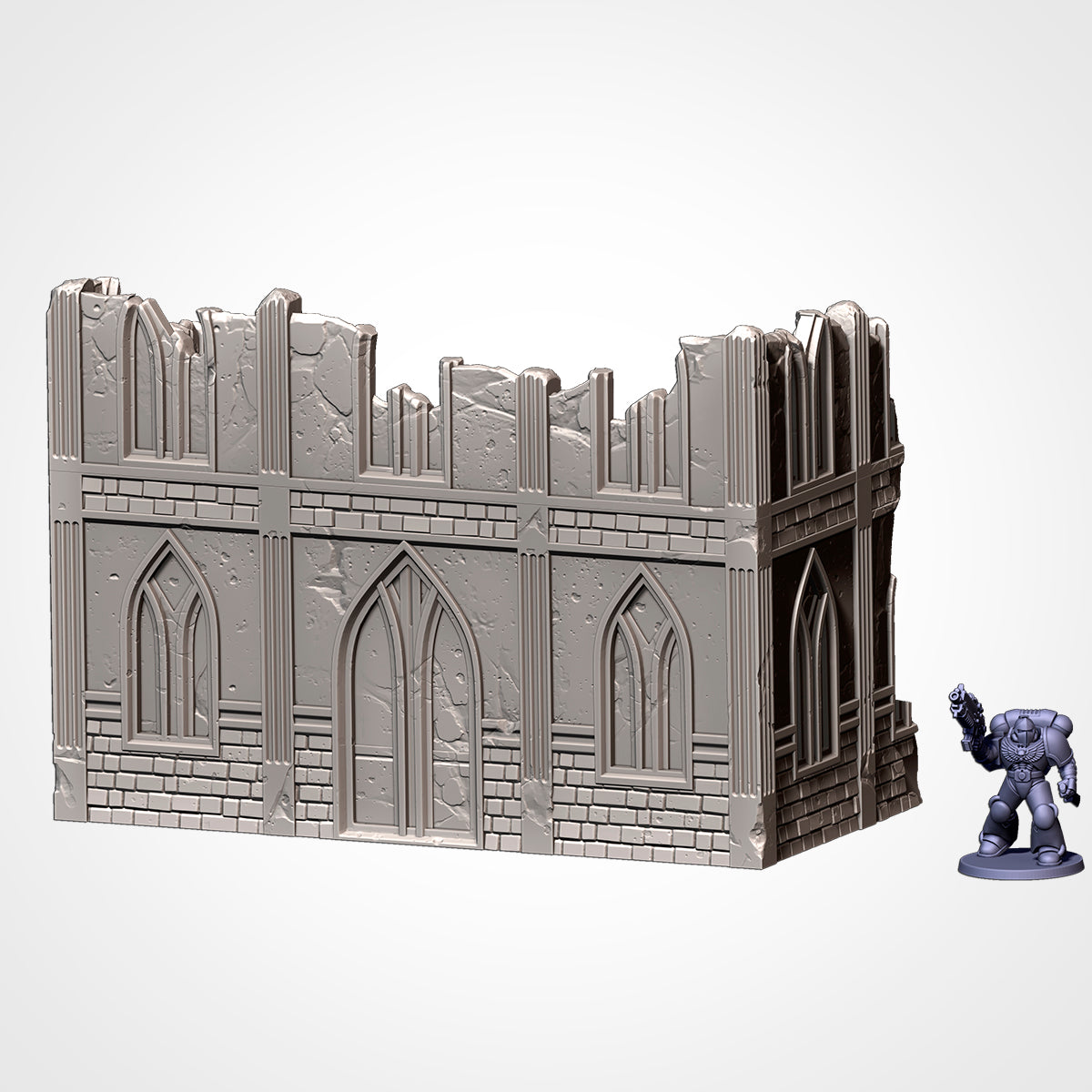 C-Shaped Ruin 8x4in: two-storey gothic ruin beside a 32mm figure (Txarli Factory render)