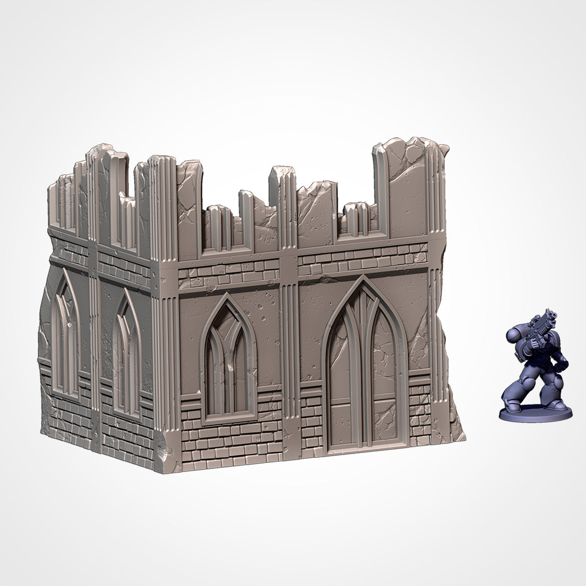 Corner Ruin 6x5in A: two-storey gothic ruin beside a 32mm figure (Txarli Factory render)