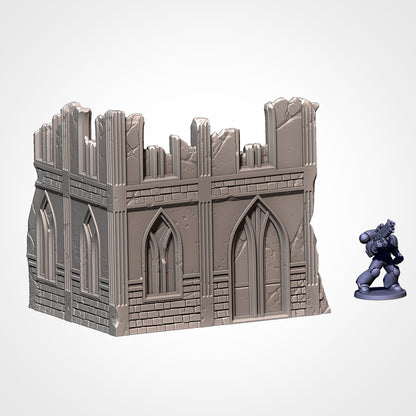 Corner Ruin 6x5in A: two-storey gothic ruin beside a 32mm figure (Txarli Factory render)