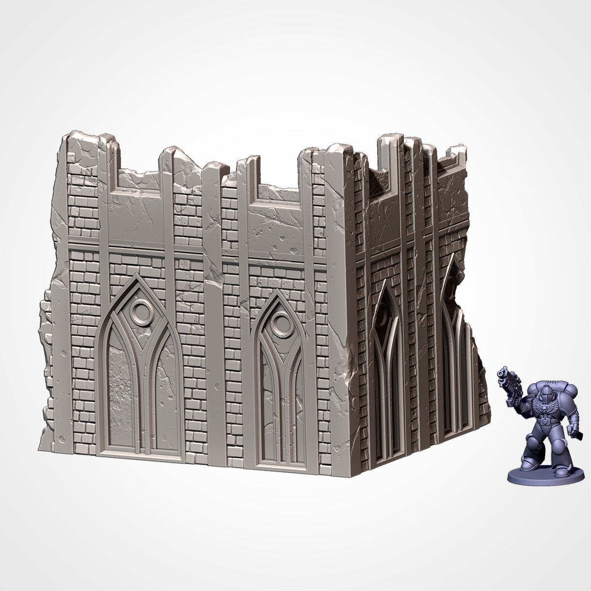 Corner Ruin 6x5in B: two-storey gothic ruin beside a 32mm figure (Txarli Factory render)