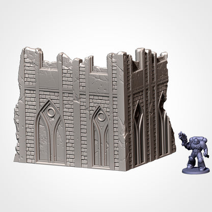 Corner Ruin 6x5in B: two-storey gothic ruin beside a 32mm figure (Txarli Factory render)