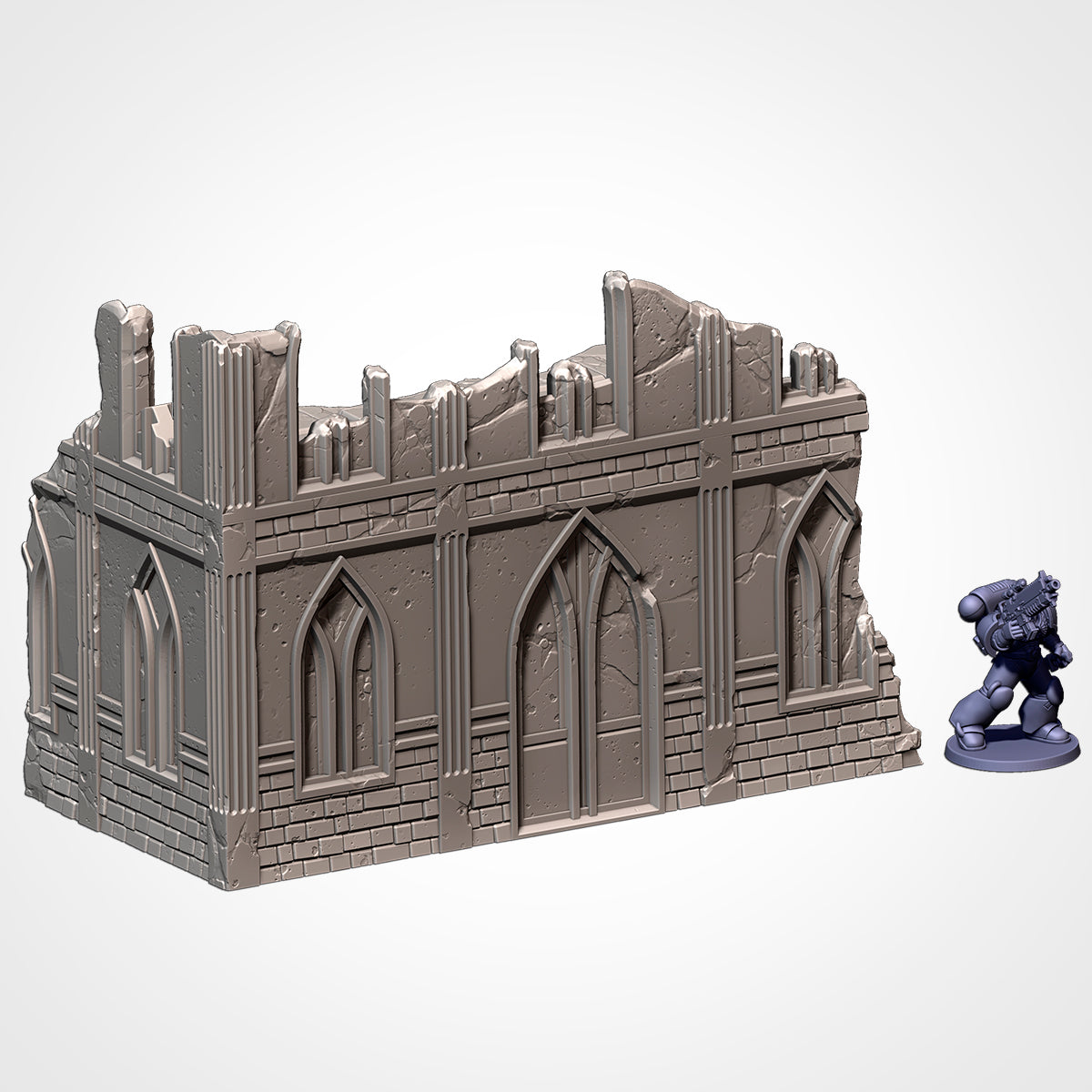 Corner Ruin 8x4in A: two-storey gothic ruin beside a 32mm figure (Txarli Factory render)