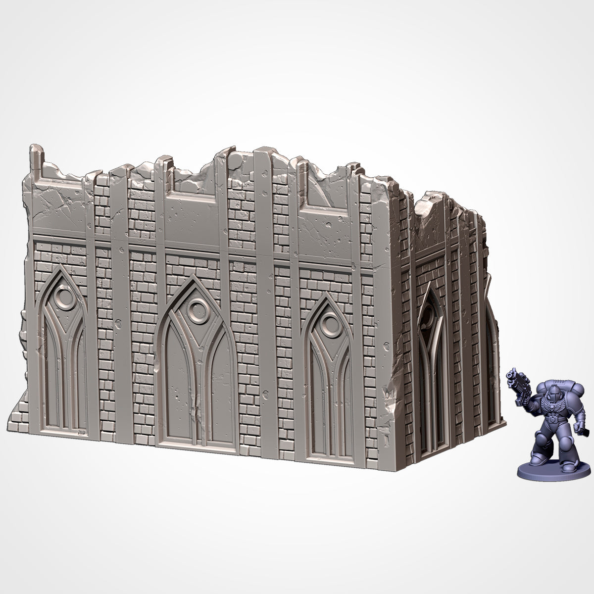 Corner Ruin 8x4in B: two-storey gothic ruin beside a 32mm figure (Txarli Factory render)