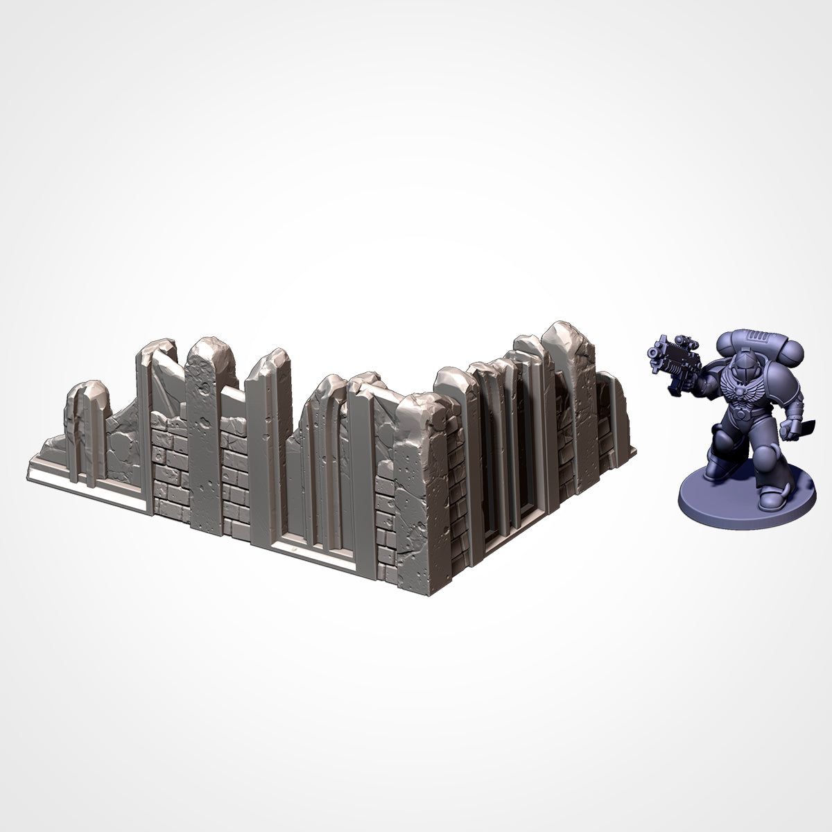 Low Wall 5x3.5in B: low corner wall beside a 32mm figure (Txarli Factory render)