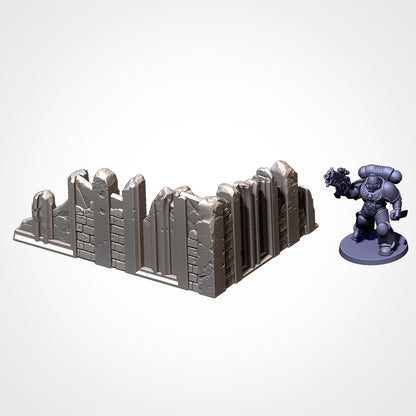 Low Wall 5x3.5in B: low corner wall beside a 32mm figure (Txarli Factory render)