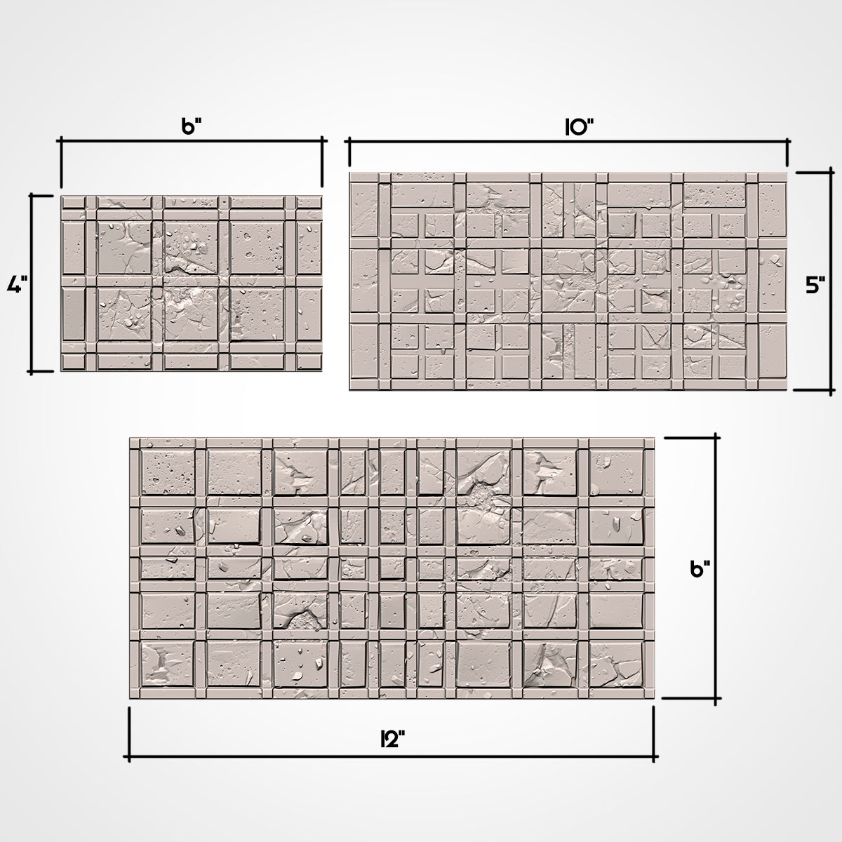 Footprints: 6 x 4 in, 10 x 5 in and 12 x 6 in footprints with measurements (Txarli Factory render)