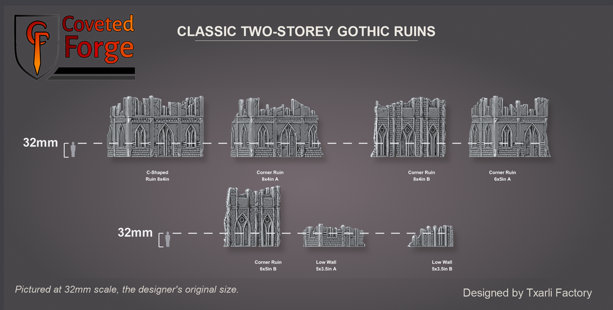 Classic Two-Storey Gothic Ruins scale lineup at 32mm, the original scale: each ruin assembled and labelled beside a 32mm figure silhouette; C-Shaped Ruin 8x4in 203 x 102 x 144 mm, Corner Ruin 8x4in A 197 x 101 x 139 mm, Corner Ruin 8x4in B 201 x 100 x 140 mm, Corner Ruin 6x5in A 152 x 126 x 143 mm, Corner Ruin 6x5in B 152 x 127 x 144 mm, Low Wall 5x3.5in A 125 x 82 x 54 mm, Low Wall 5x3.5in B 118 x 86 x 51 mm (Coveted Forge scale render)