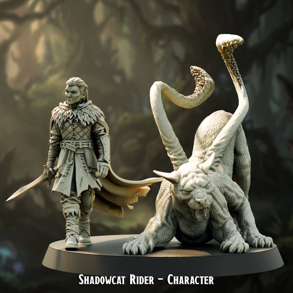 Shadowcat Rider Character, elf hero with a blade and his shadowcat companion beast, 28-32mm resin miniatures by The Printing Goes Ever On