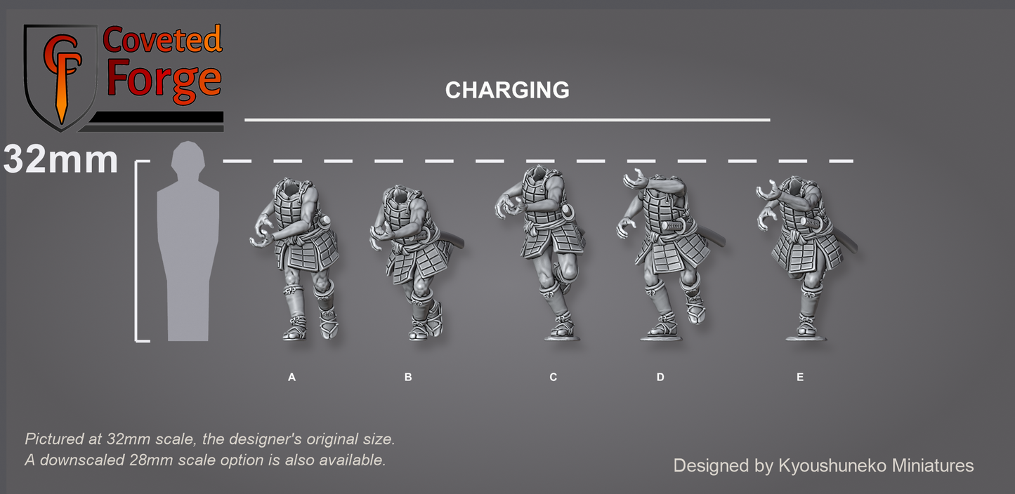 Five tatami-do ashigaru spearmen body sculpts in the Charging stance, labeled A to E beside a 32mm human silhouette for scale, on a charcoal background. Bodies shown; the yari spear is a separate part.