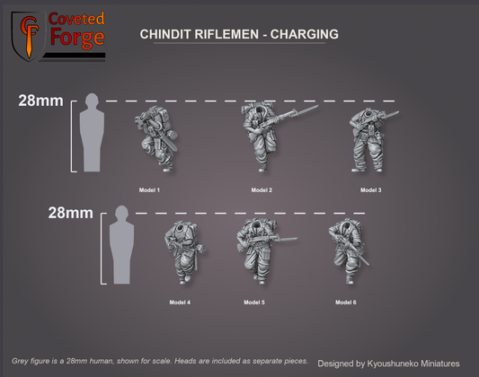 Coveted Forge scale reference: six charging Chindit rifleman bodies beside a 28mm human silhouette, heads included as separate pieces