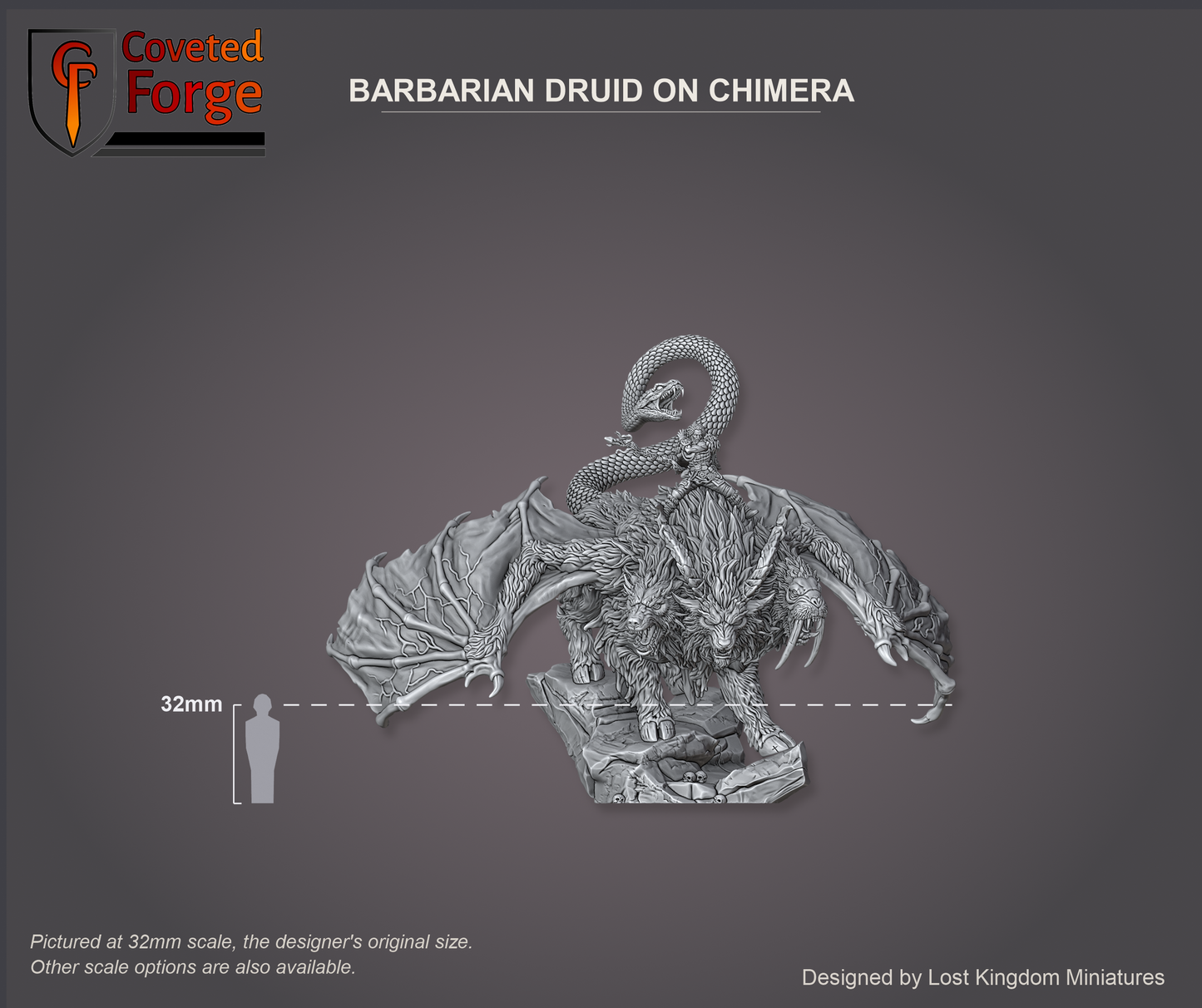 Scale reference render of the Barbarian Druid on Chimera with rider beside a 32mm human silhouette