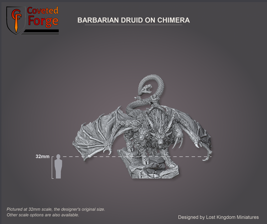 Scale reference render of the Barbarian Druid on Chimera with rider beside a 32mm human silhouette