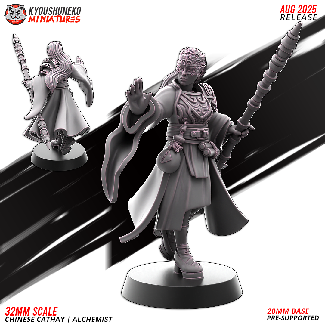 Chinese Cathay Alchemist, robed caster with a ringed staff, front and rear designer render by Kyoushuneko Miniatures.