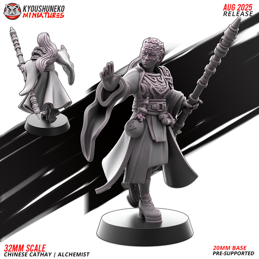 Chinese Cathay Alchemist, robed caster with a ringed staff, front and rear designer render by Kyoushuneko Miniatures.